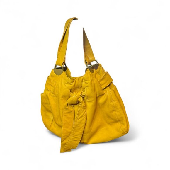 Kooba Vintage Mustard Yellow Leather Tote Bag with Bow Detail & Gold Hardware - Picture 2 of 13